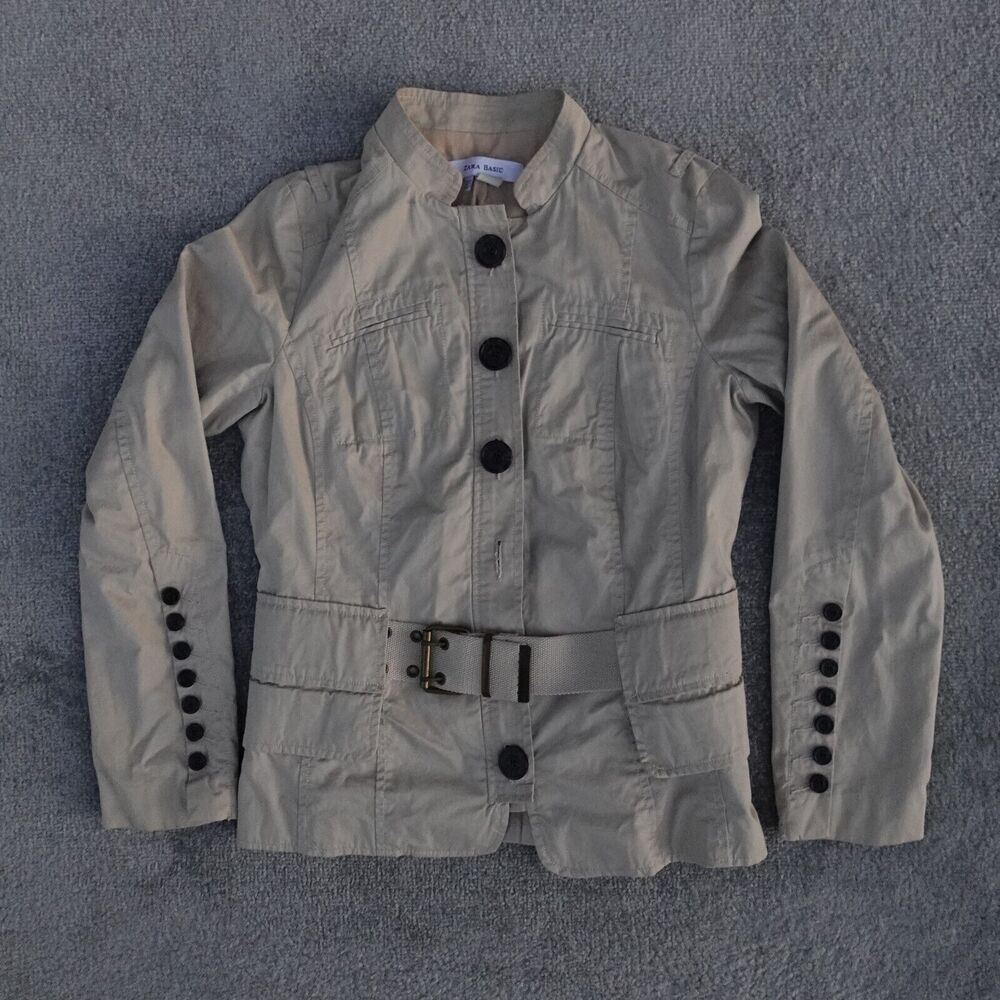ZARA BASIC Women's M Medium Beige Utility Jacket with Belt & Buckle Button Coat